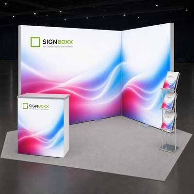 LED Messestand beidseitig / Eckstand 3 × 2 m / Tiefe 16cm