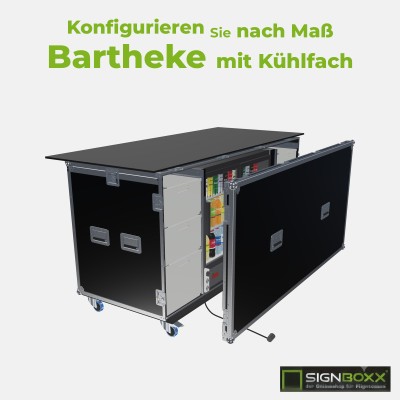 Mobile Bartheke im Flightcase: Frontdeckel geöffnet, Kühlfach mit Getränken, Schubladen und Arbeitsplatte auf Rollen