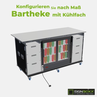 Mobile Bartheke im Flightcase: Barkeeperseite offen mit Kühlfach, Eurobehältern und Arbeitsplatte auf Rollen