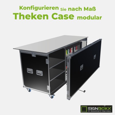 Theken-Case modular: Flightcase-Theke mit geöffnetem Frontdeckel, offenen Fachböden, Kühlfach und Arbeitsplatte auf Rollen