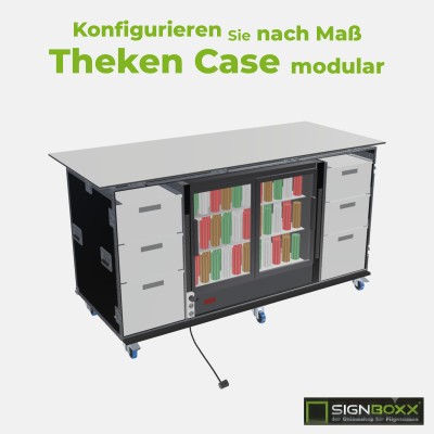 Theken-Case modular: Flightcase-Theke, Barkeeperseite offen mit Euro-Spalten, Kühlfach und Arbeitsplatte