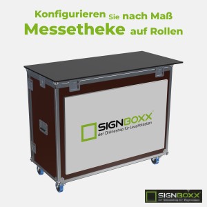 Messetheke auf Rollen im Flightcase: Kundenseite mit Textilspannrahmen und bedrucktem Spanntuch, schwarze Arbeitsplatte