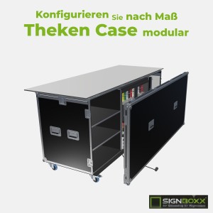 Theken-Case modular: Flightcase-Theke mit geöffnetem Frontdeckel, offenen Fachböden, Kühlfach und Arbeitsplatte auf Rollen