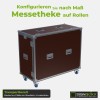 Messetheke transportbereit: Frontdeckel und Deckel oben geschlossen, Klappgriffe, vier Lenkrollen