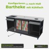 Mobile Bartheke, Barkeeperseite ohne Frontdeckel: zwei Speed-Rails über offenen Fächern, Kühlfach in der Mitte