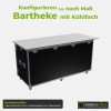 Mobile Bartheke von der Kundenseite: geschlossene schwarze Front, Arbeitsplatte mit Überstand, Lenkrollen