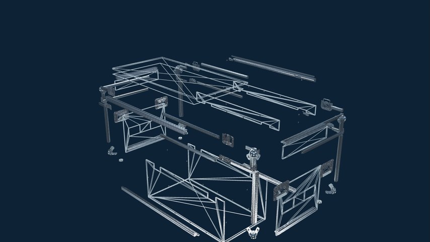 Drahtgitter- und Explosionsdarstellung eines Flightcases im 3D-Konfigurator: Boden, W&auml;nde, Deckel, Aluprofile, Kugelecken und Butterfly-Verschl&uuml;sse einzeln sichtbar