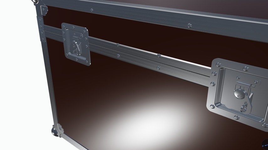 Nahaufnahme eines Signboxx-Flightcases: Alu-Rahmenprofil mit Nieten, Kugelecke und Butterfly-Verschluss