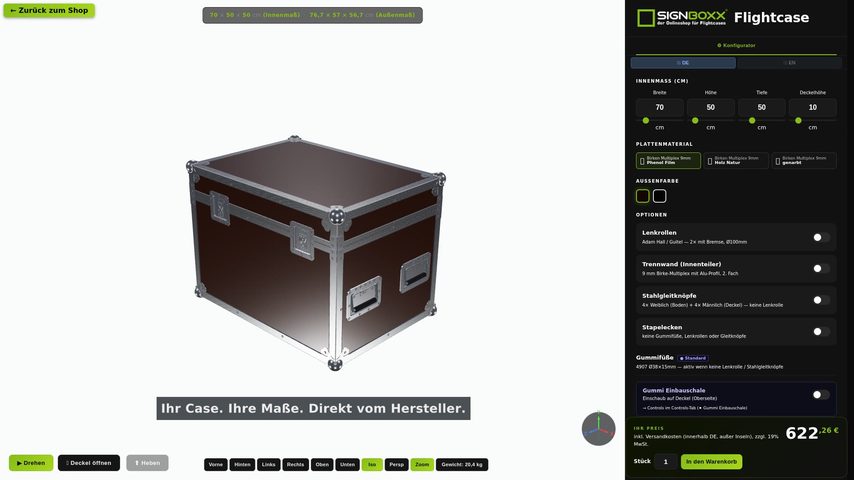 Flightcase-Konfigurator von Signboxx: Case in 3D mit Lenkrollen, Schaumstoff-Inlay und Live-Preis