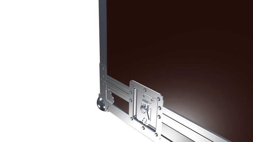 Gro&szlig;aufnahme der Kante eines Hauben-Case von Signboxx: zweiteiliges Aluminium-Schlie&szlig;profil, in dem die Platte aus Birken-Multiplex steckt, daneben ein Butterfly-Verschluss, eine Kugelecke und die Nietenreihe entlang des Profils