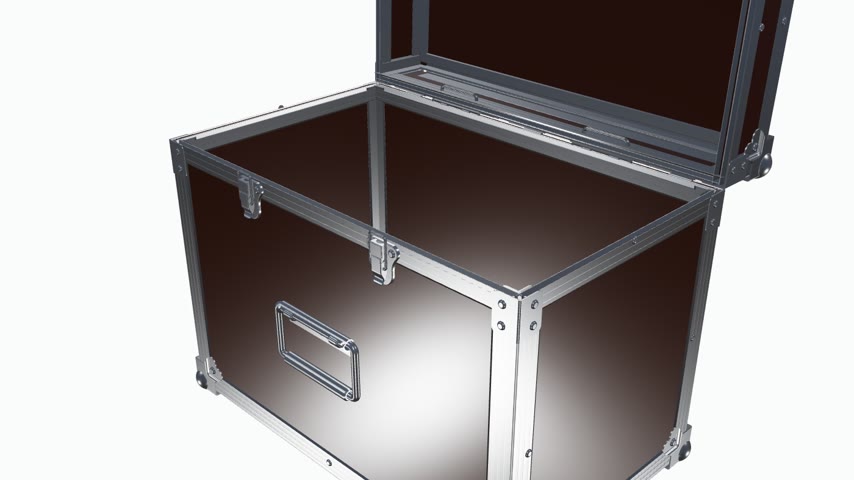 Flightcase-Koffer von Signboxx mit ge&ouml;ffnetem Deckel: die Trennlinie zwischen Deckel und Korpus wandert, zwei Kofferschl&ouml;sser, Aufstellscharniere, Kugelecken und Aluminium-Kantenprofile sind sichtbar