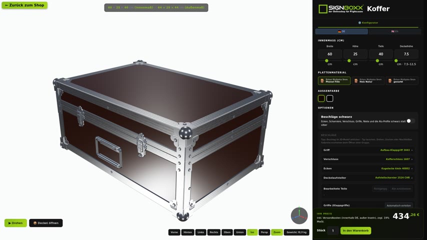 Flightcase-Koffer nach Ma&szlig; aus Birke-Multiplex, Gro&szlig;aufnahme von Kugelecke, Aluprofil und Kofferschloss