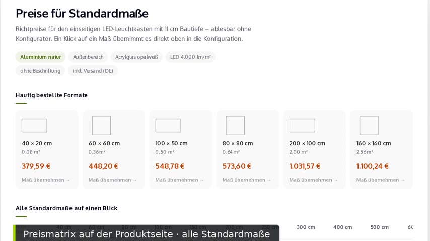 Konfigurator des einseitigen LED-Leuchtkastens mit 11 cm Bautiefe, Preisanzeige nach Eingabe von L&auml;nge und H&ouml;he