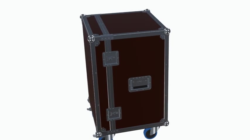 19-Zoll Rack Case von Signboxx auf vier Lenkrollen mit blauem Gummireifen, zwei davon mit Bremse, Korpus aus Birken-Multiplex mit Phenol-Film braun, Alu-Rahmenprofil und Kugelecken