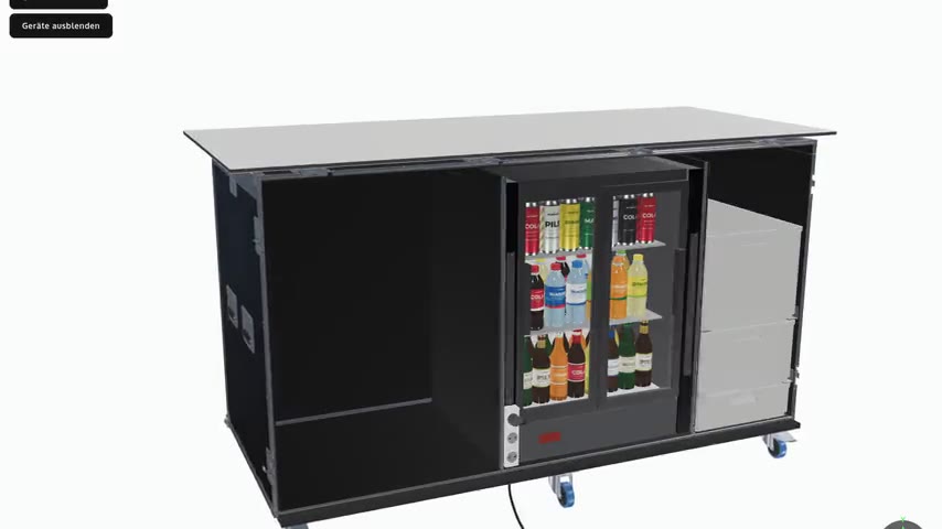 Theken-Case von Signboxx: mobile Theke im Flightcase auf Rollen mit K&uuml;hlfach, Eurobeh&auml;lter-Spalten und abnehmbarem Frontdeckel