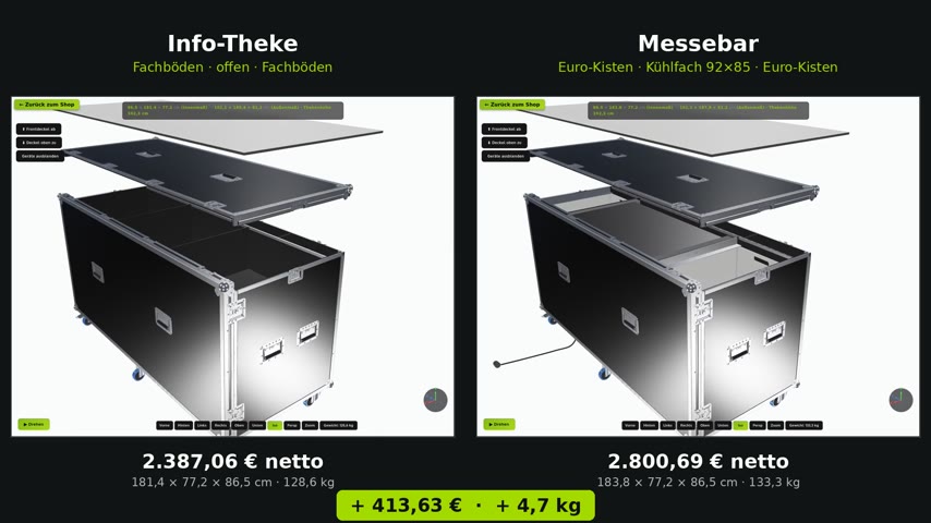 Theken-Case-Konfigurator im Vergleich: links die Vorlage Info-Theke mit Fachb&ouml;den, rechts die Messebar mit K&uuml;hlfach