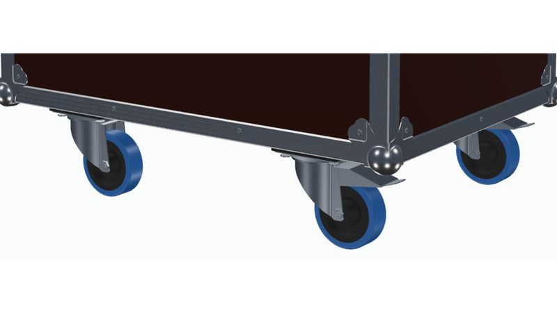 Lenkrollen mit Bremse an der Unterseite eines Flightcase