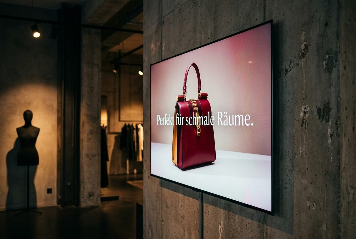Flache LED-Videowand an einer Betonwand in einem Ladengeschäft