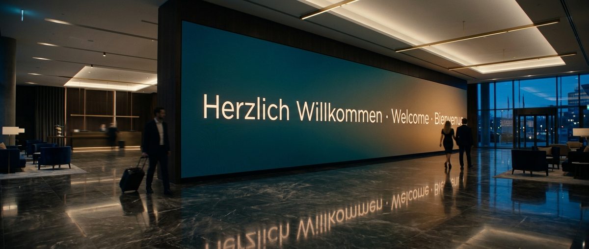 LED-Videowand mit Begrüßungstext im Empfangsbereich eines Hotels