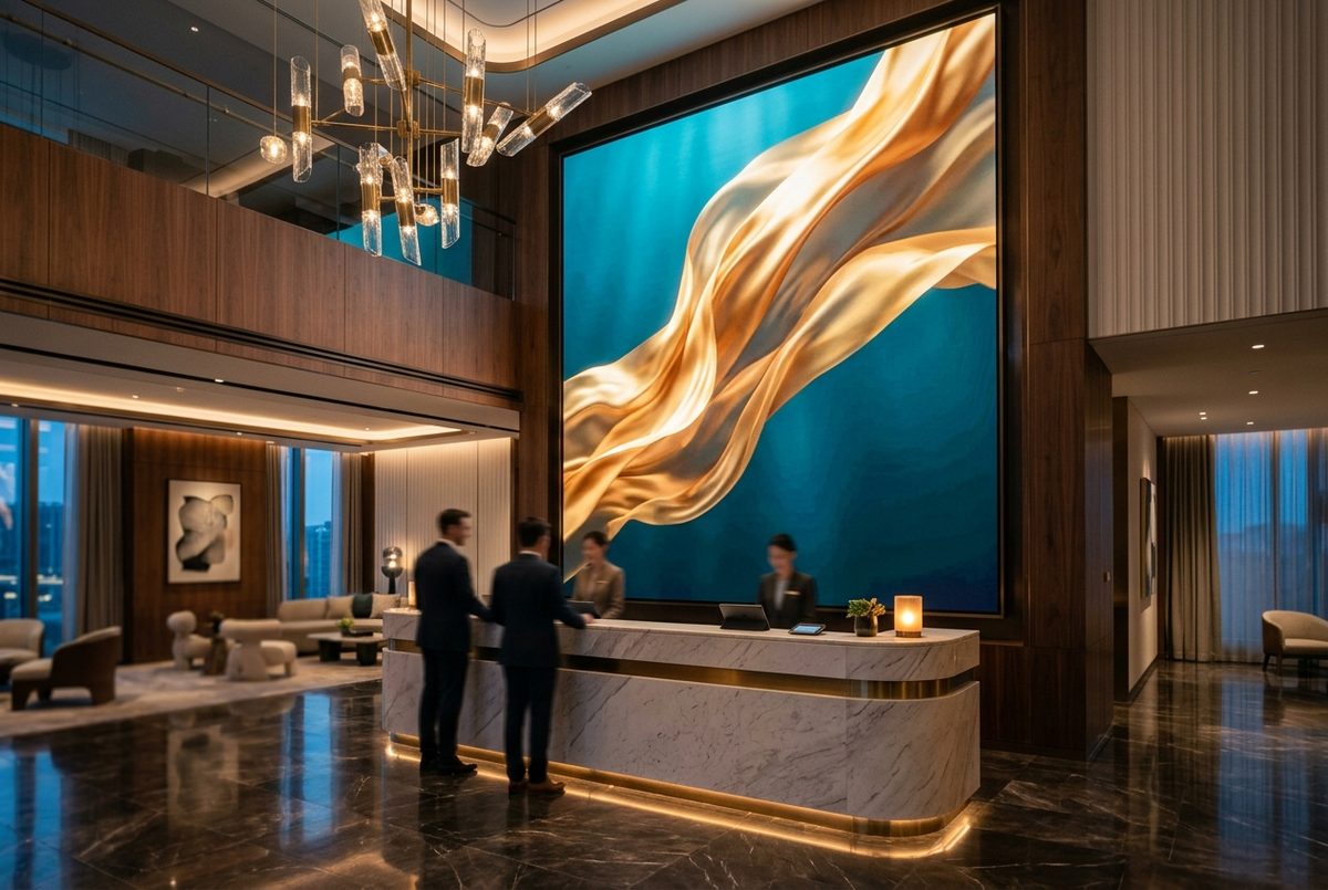 Indoor LED-Videowand hinter der Rezeption einer Hotel-Lobby